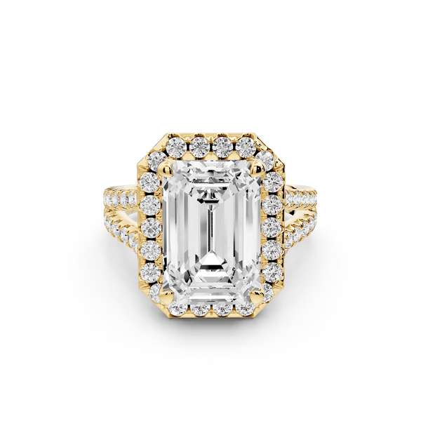Gabrielle - 5ct 18k yellow gold emerald Diamond Graduated Halo Pavé Split Shank Engagement Ring - Mr. Alex Jewelry