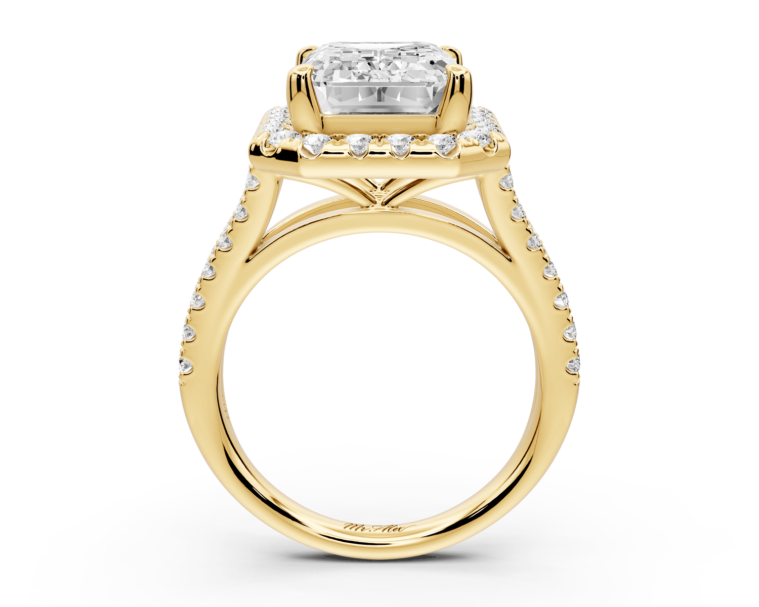 Gabrielle - 5ct 18k yellow gold emerald Diamond Graduated Halo Pavé Split Shank Engagement Ring - Mr. Alex Jewelry