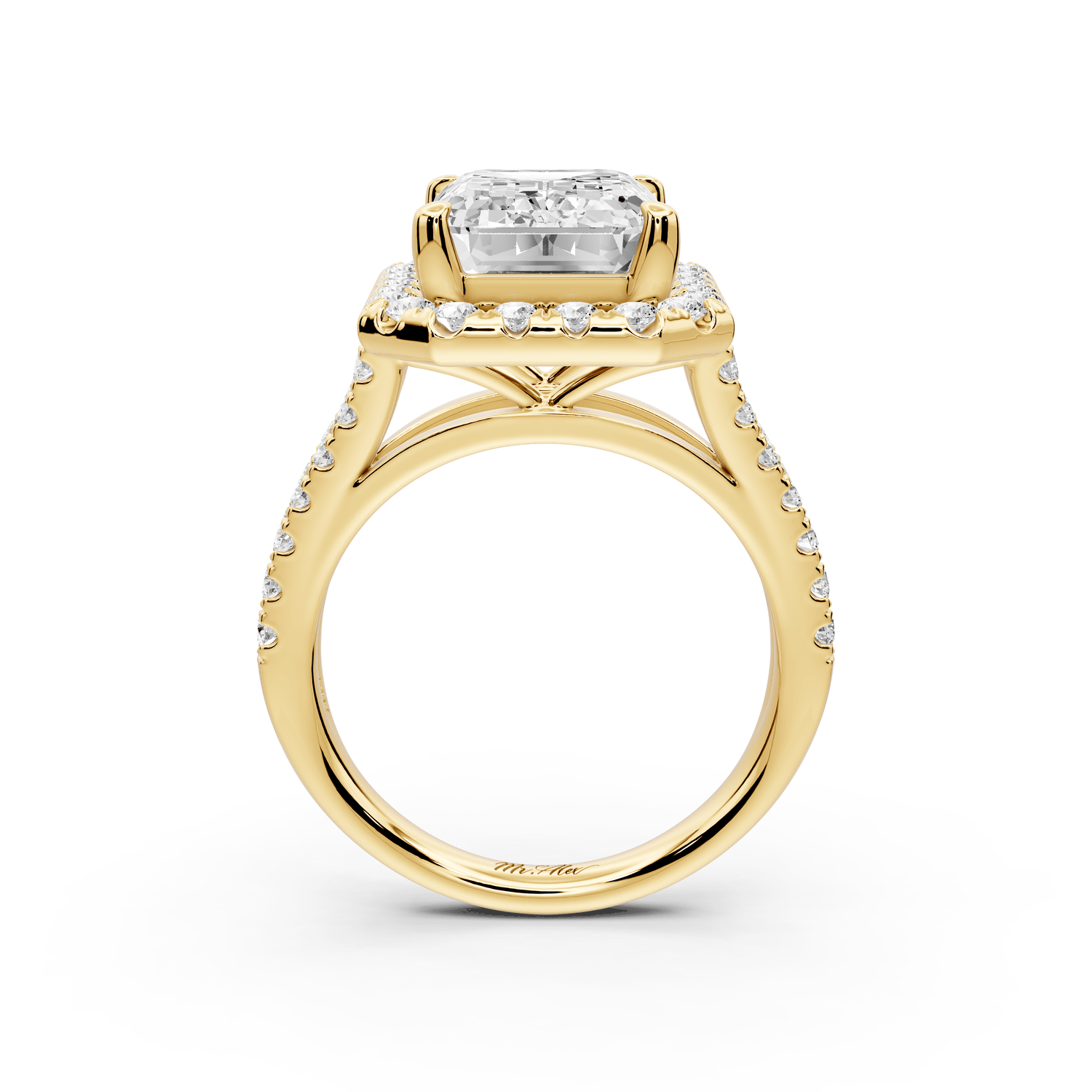 Gabrielle - 5ct 18k yellow gold emerald Diamond Graduated Halo Pavé Split Shank Engagement Ring - Mr. Alex Jewelry
