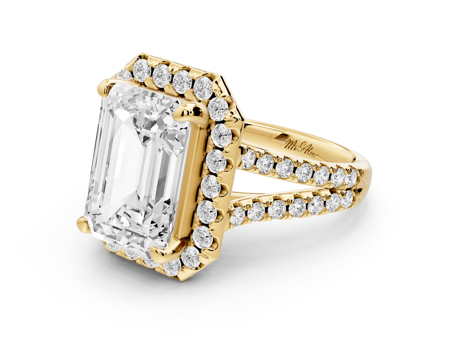 Gabrielle - 5ct 18k yellow gold emerald Diamond Graduated Halo Pavé Split Shank Engagement Ring - Mr. Alex Jewelry