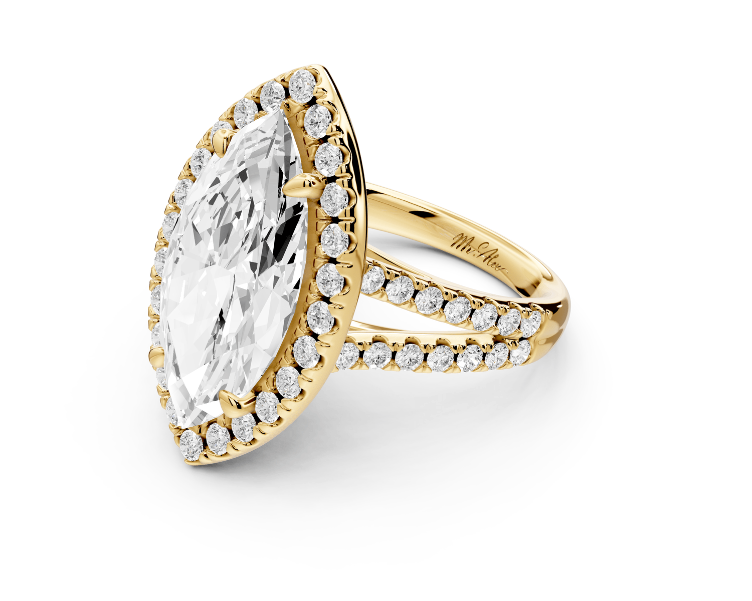 Gabrielle - 5ct 18k yellow gold marquise Diamond Graduated Halo Pavé Split Shank Engagement Ring - Mr. Alex Jewelry