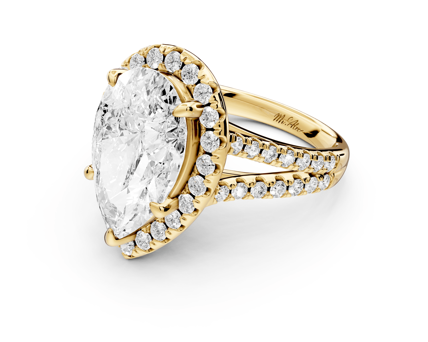 Gabrielle - 5ct 18k yellow gold pear Diamond Graduated Halo Pavé Split Shank Engagement Ring - Mr. Alex Jewelry