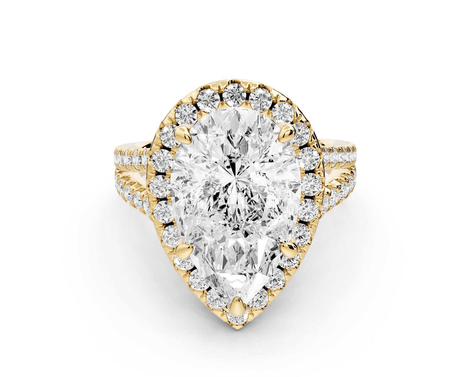 Gabrielle - 5ct 18k yellow gold pear Diamond Graduated Halo Pavé Split Shank Engagement Ring - Mr. Alex Jewelry