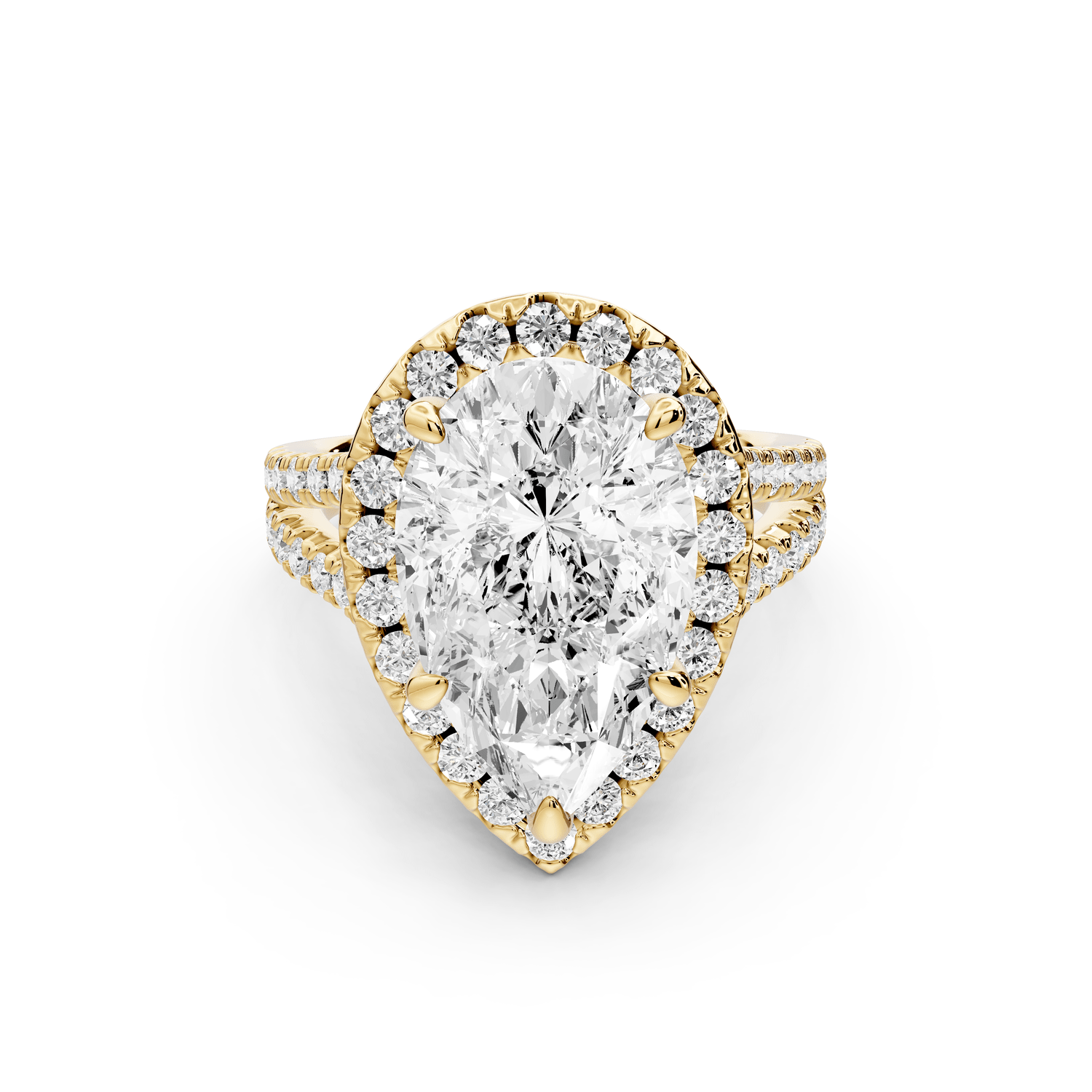 Gabrielle - 5ct 18k yellow gold pear Diamond Graduated Halo Pavé Split Shank Engagement Ring - Mr. Alex Jewelry