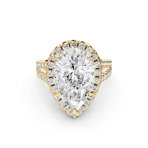 Gabrielle - 5ct 18k yellow gold pear Diamond Graduated Halo Pavé Split Shank Engagement Ring - Mr. Alex Jewelry
