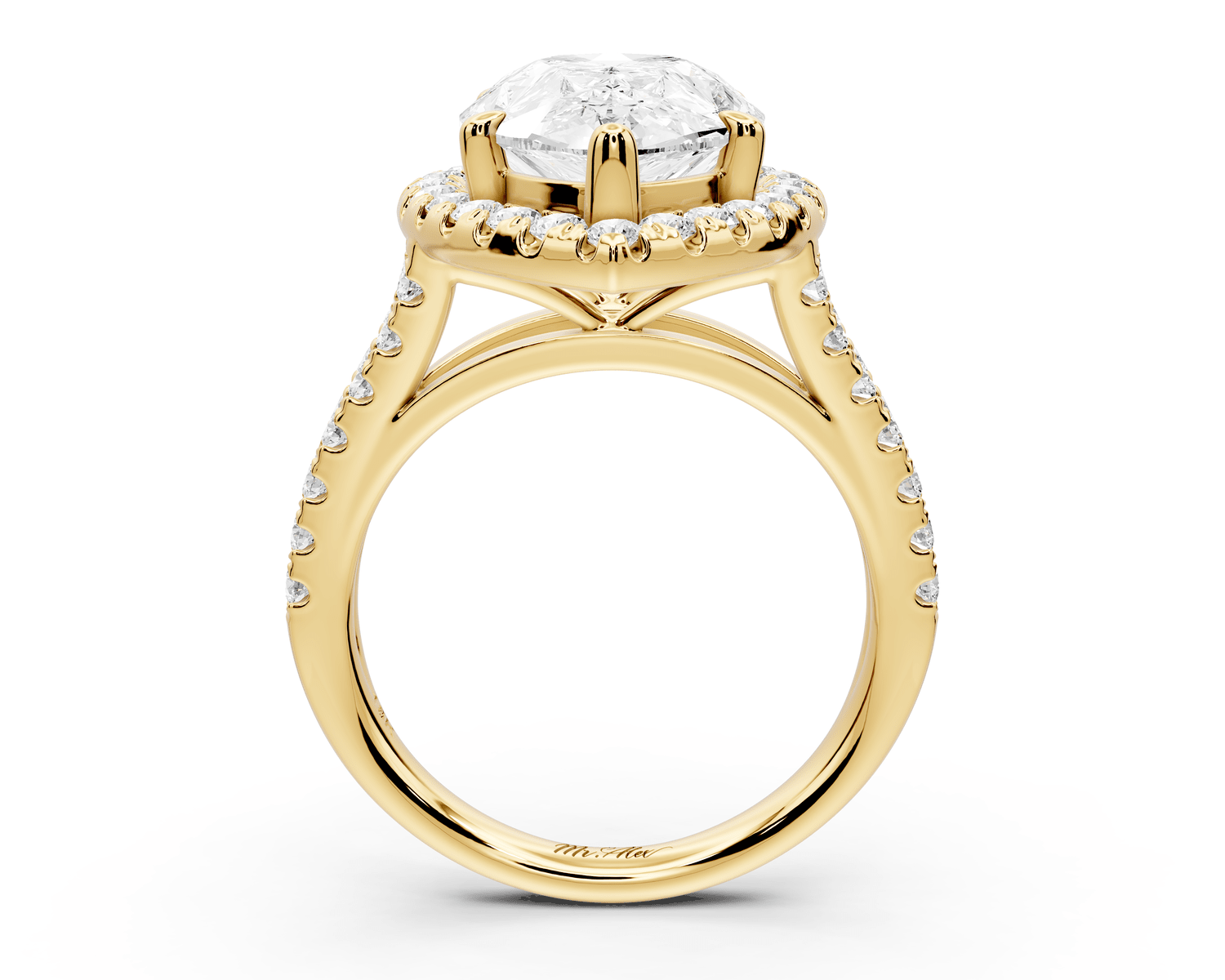 Gabrielle - 5ct 18k yellow gold pear Diamond Graduated Halo Pavé Split Shank Engagement Ring - Mr. Alex Jewelry