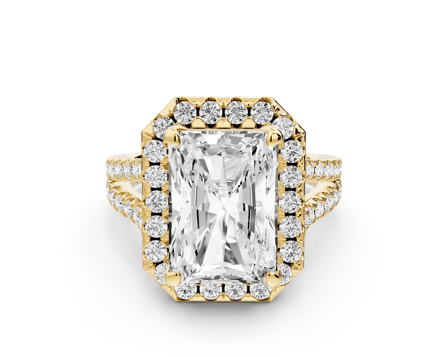 Gabrielle - 5ct 18k yellow gold radiant Diamond Graduated Halo Pavé Split Shank Engagement Ring - Mr. Alex Jewelry