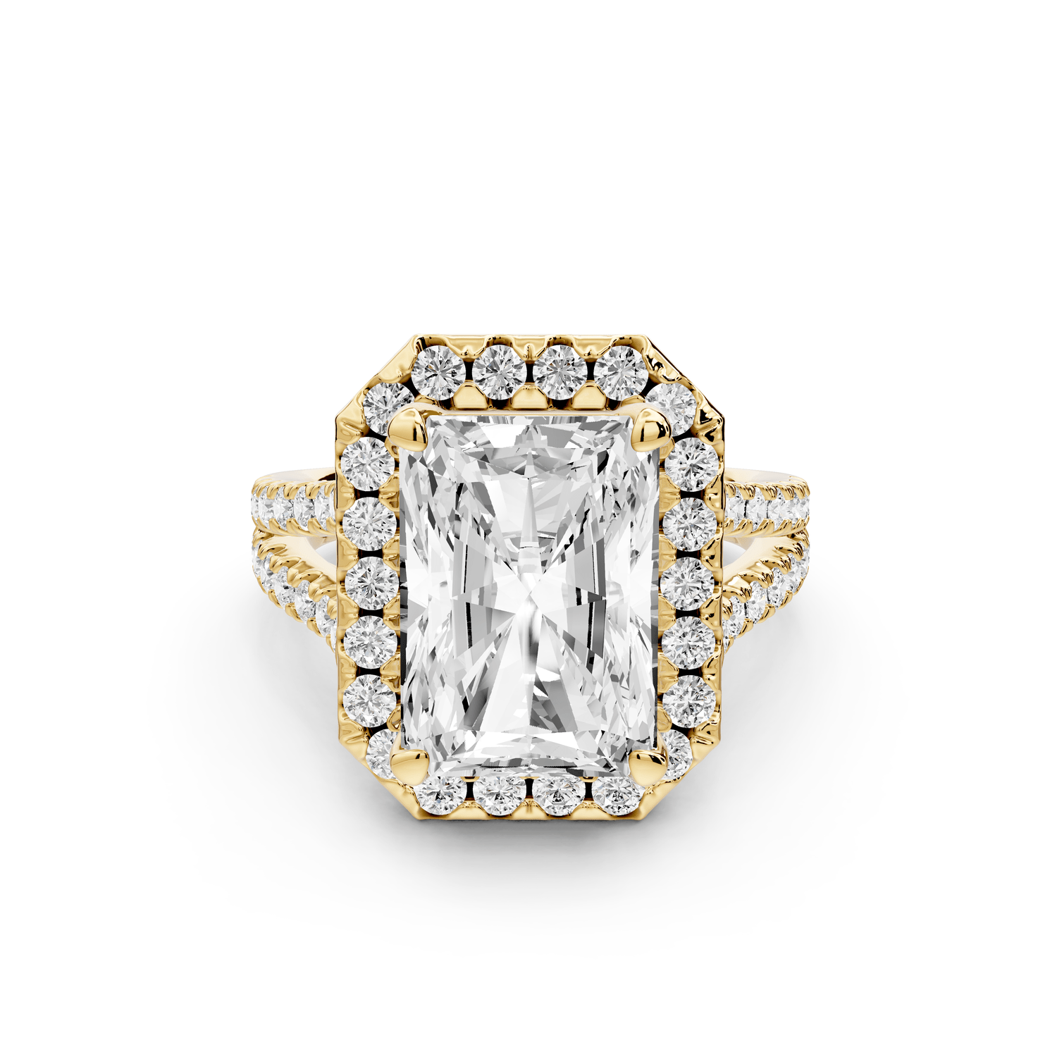 Gabrielle - 5ct 18k yellow gold radiant Diamond Graduated Halo Pavé Split Shank Engagement Ring - Mr. Alex Jewelry