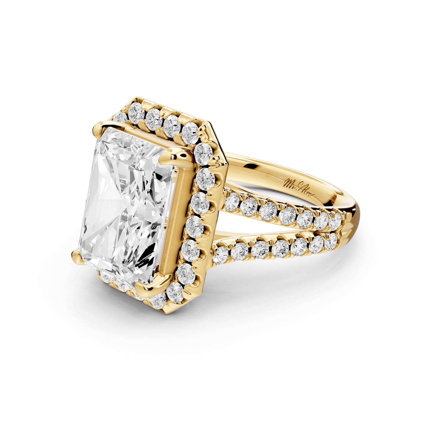 Gabrielle - 5ct 18k yellow gold radiant Diamond Graduated Halo Pavé Split Shank Engagement Ring - Mr. Alex Jewelry