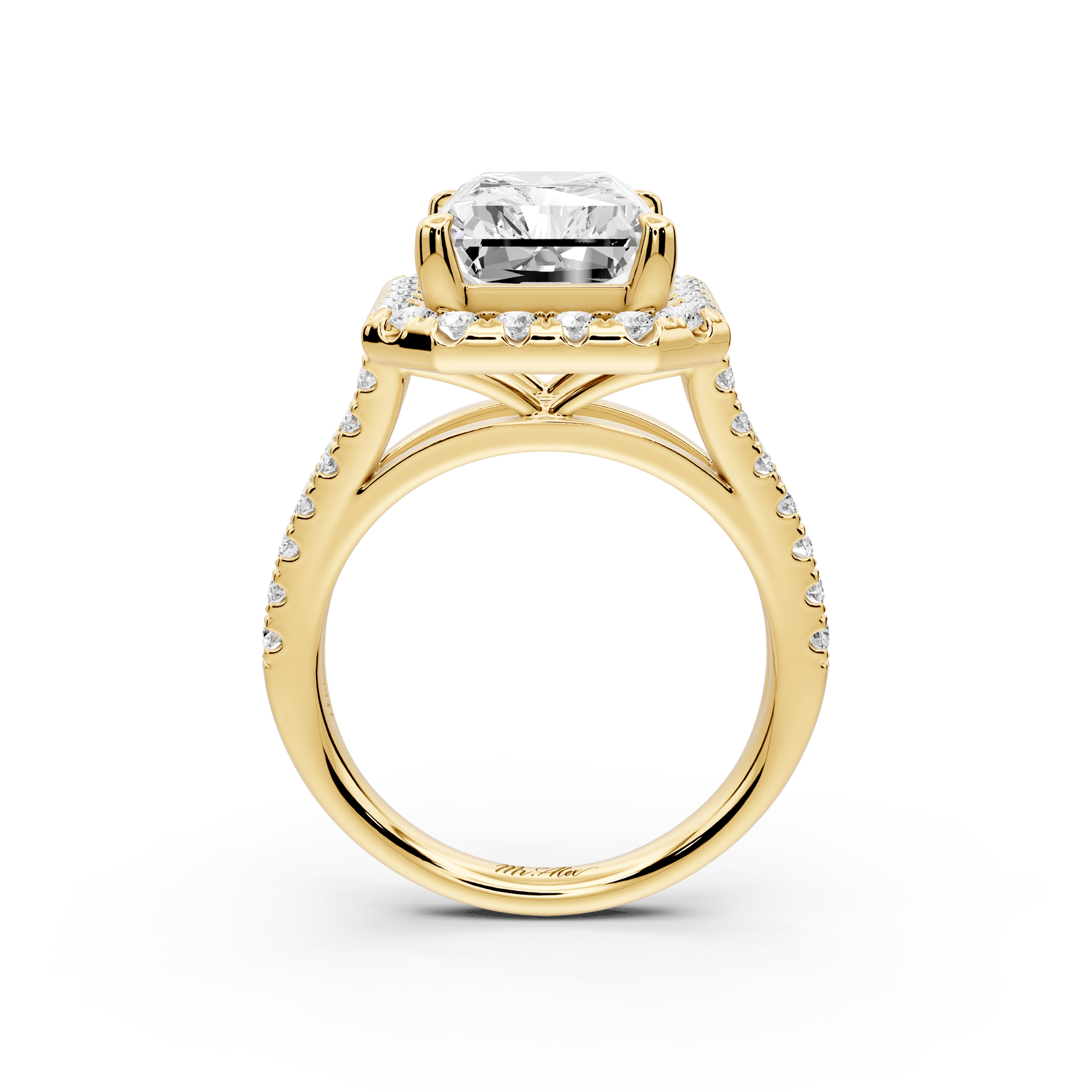 Gabrielle - 5ct 18k yellow gold radiant Diamond Graduated Halo Pavé Split Shank Engagement Ring - Mr. Alex Jewelry