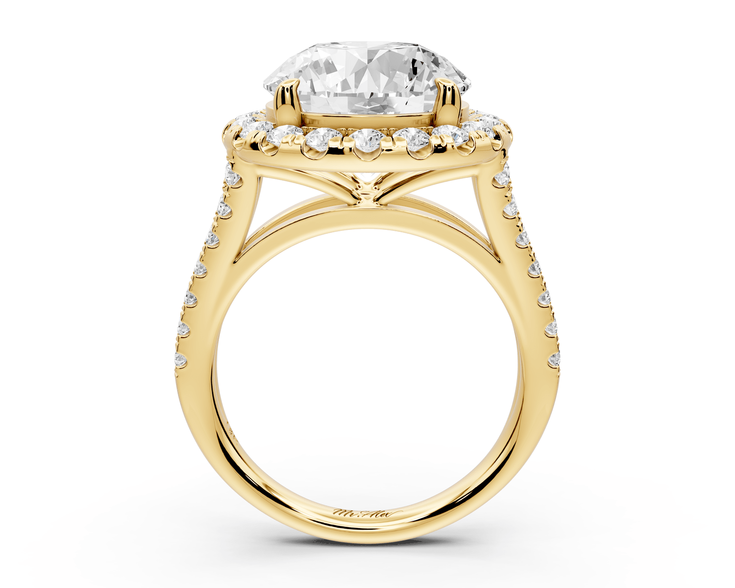 Gabrielle - 5ct 18k yellow gold round Diamond Graduated Halo Pavé Split Shank Engagement Ring - Mr. Alex Jewelry
