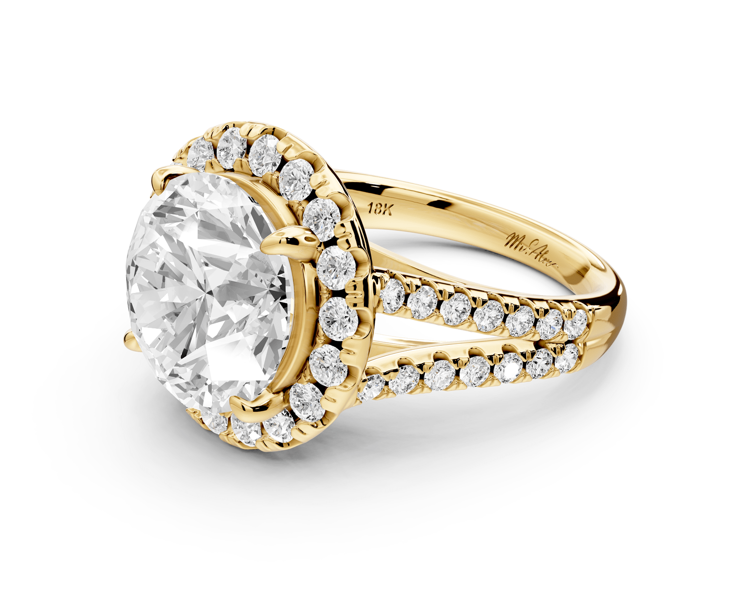 Gabrielle - 5ct 18k yellow gold round Diamond Graduated Halo Pavé Split Shank Engagement Ring - Mr. Alex Jewelry