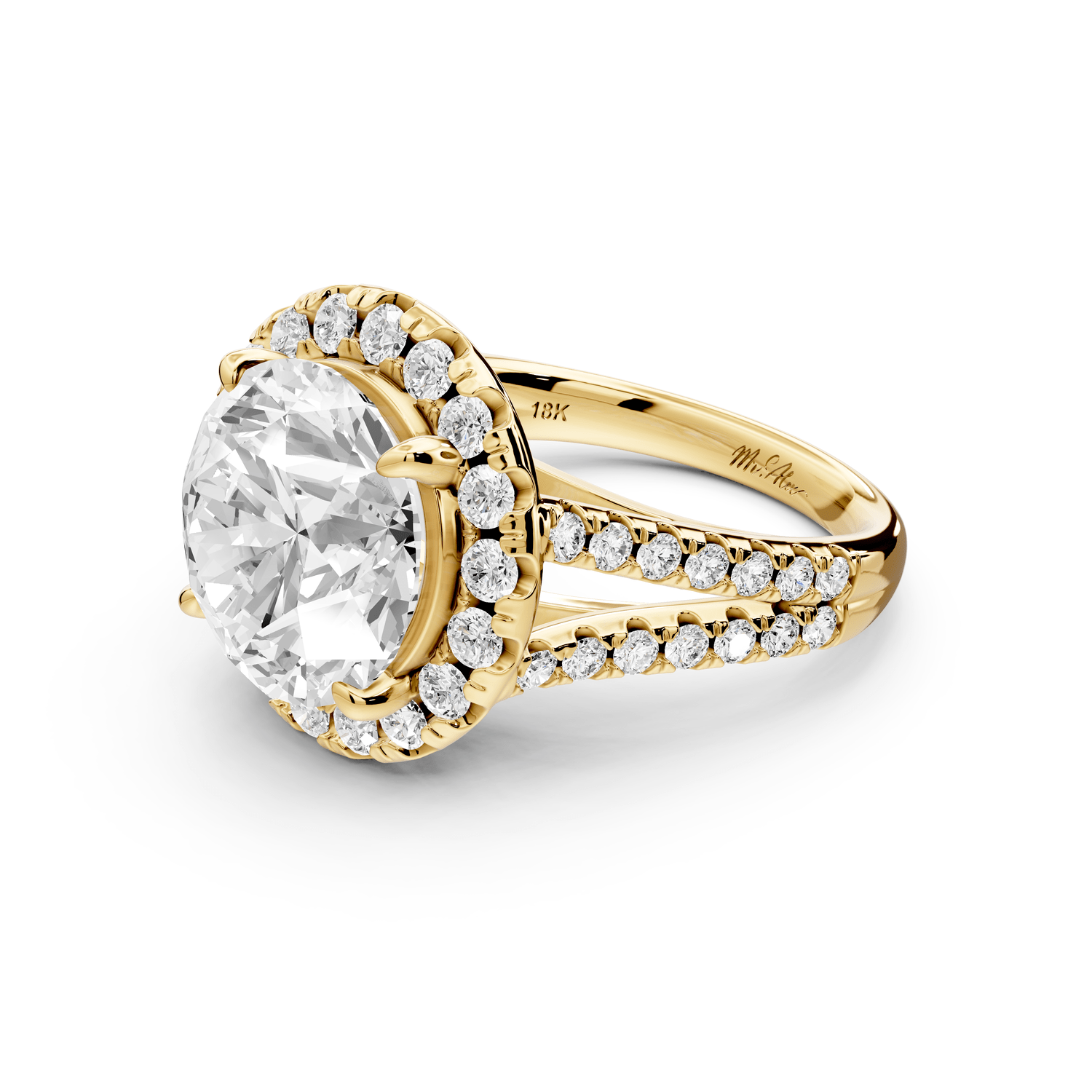 Gabrielle - 5ct 18k yellow gold round Diamond Graduated Halo Pavé Split Shank Engagement Ring - Mr. Alex Jewelry