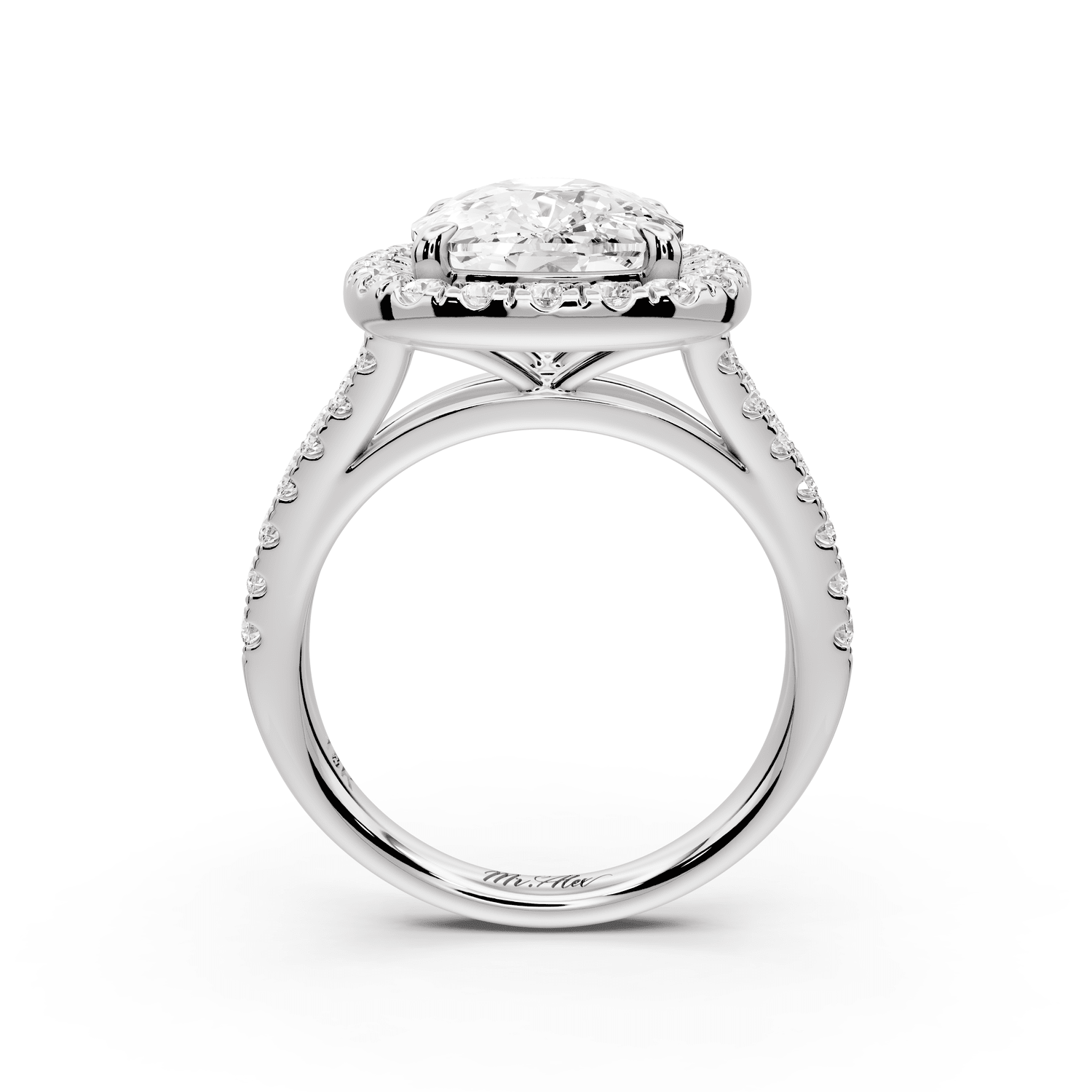 Gabrielle - 5ct platinum ecushion Diamond Graduated Halo Pavé Split Shank Engagement Ring - Mr. Alex Jewelry