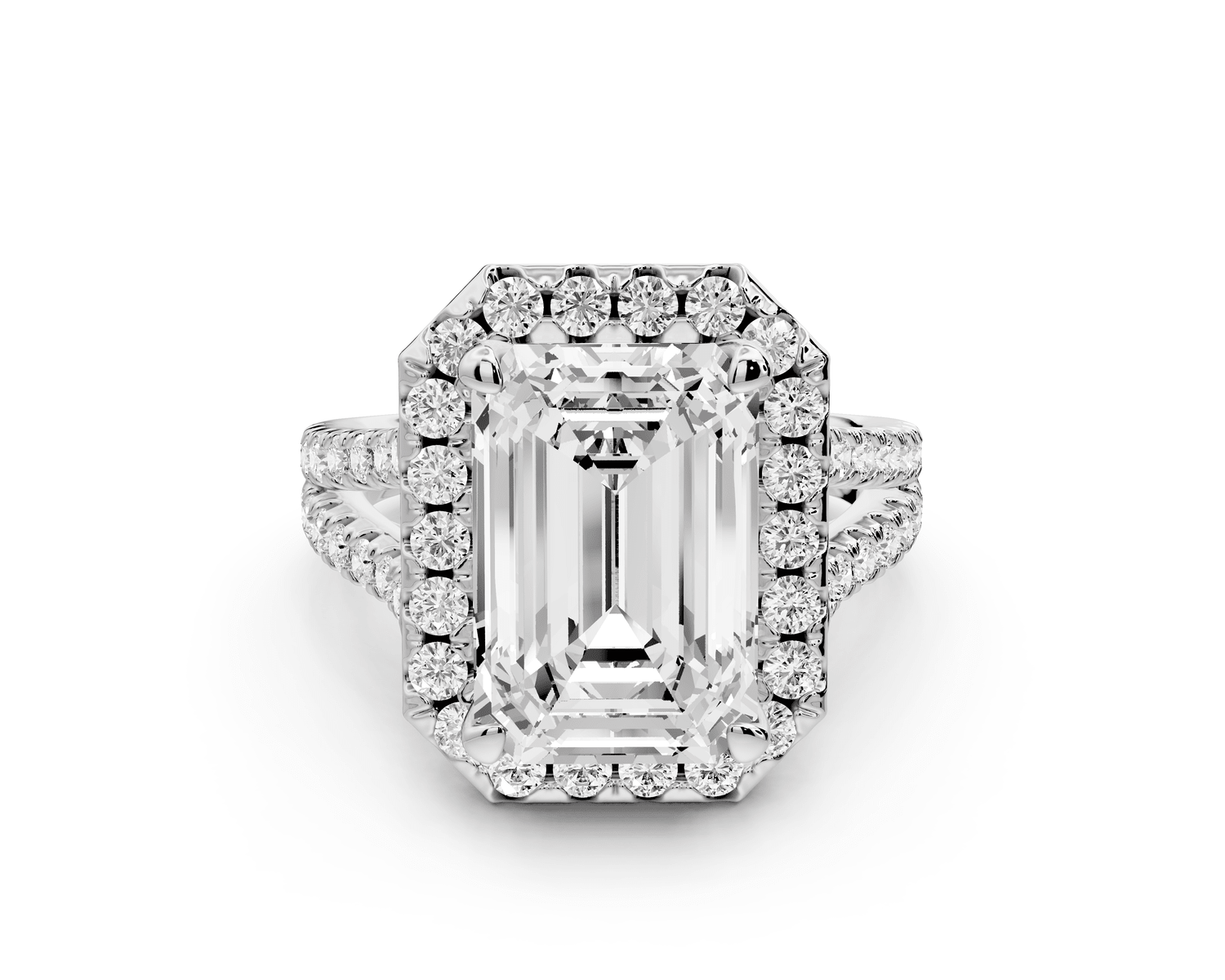 Gabrielle - 5ct platinum emerald Diamond Graduated Halo Pavé Split Shank Engagement Ring - Mr. Alex Jewelry