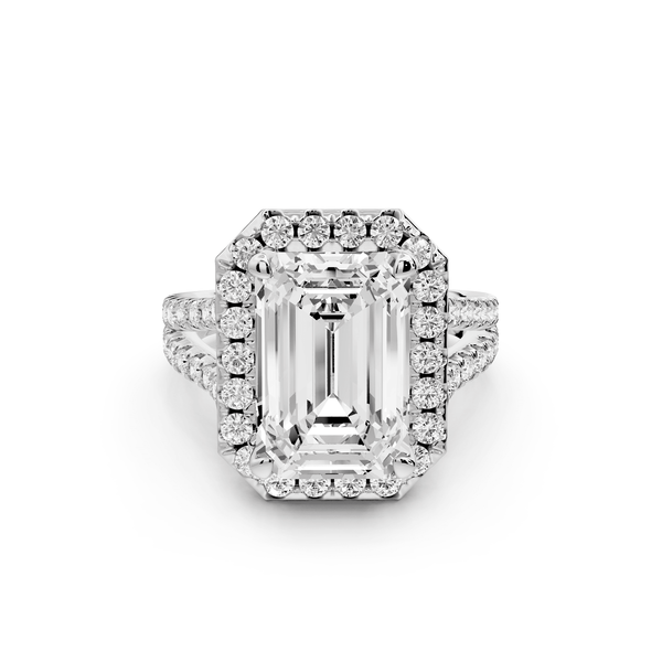 Gabrielle - 5ct platinum emerald Diamond Graduated Halo Pavé Split Shank Engagement Ring - Mr. Alex Jewelry