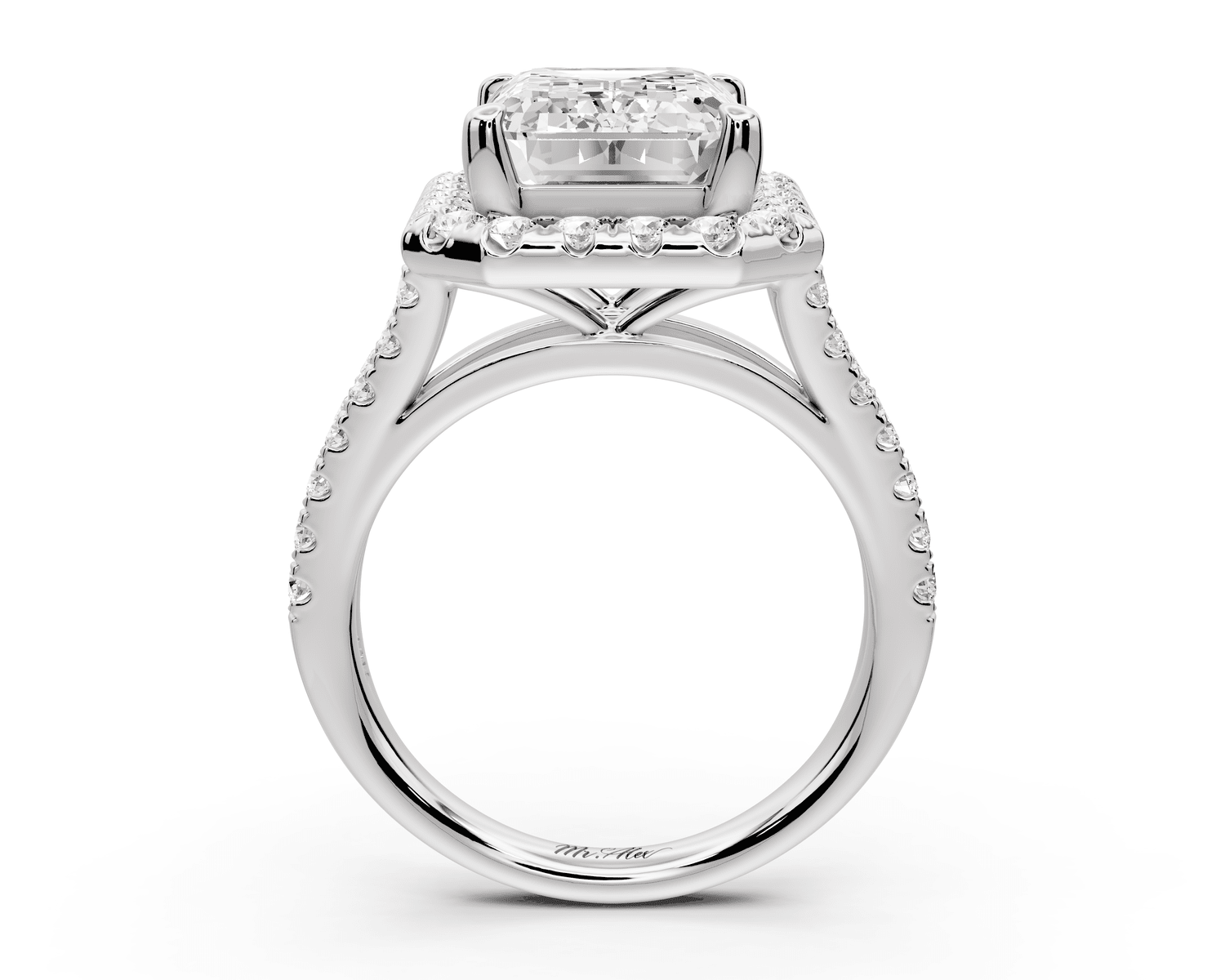Gabrielle - 5ct platinum emerald Diamond Graduated Halo Pavé Split Shank Engagement Ring - Mr. Alex Jewelry