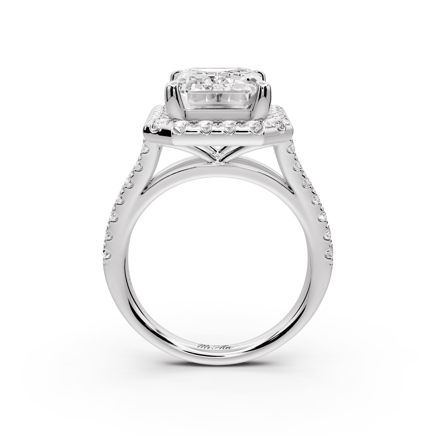 Gabrielle - 5ct platinum emerald Diamond Graduated Halo Pavé Split Shank Engagement Ring - Mr. Alex Jewelry