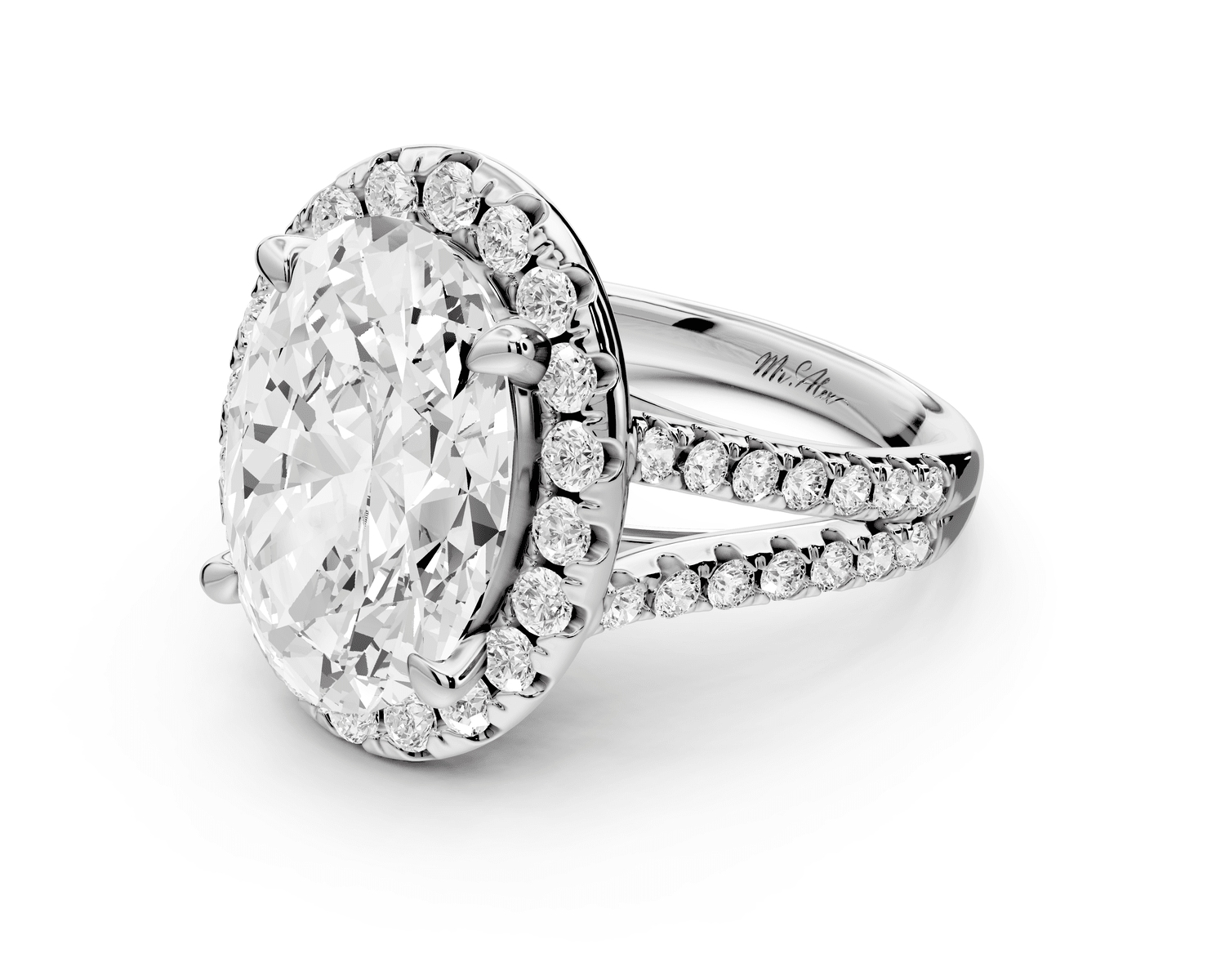 Gabrielle - 5ct platinum oval Diamond Graduated Halo Pavé Split Shank Engagement Ring - Mr. Alex Jewelry