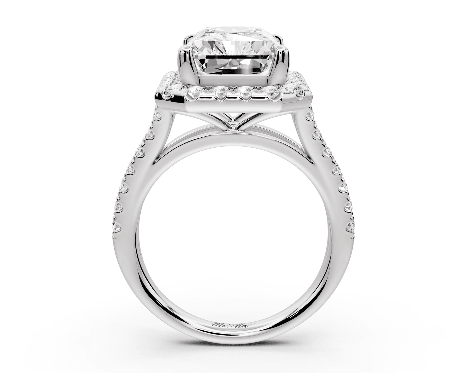 Gabrielle - 5ct platinum radiant Diamond Graduated Halo Pavé Split Shank Engagement Ring - Mr. Alex Jewelry