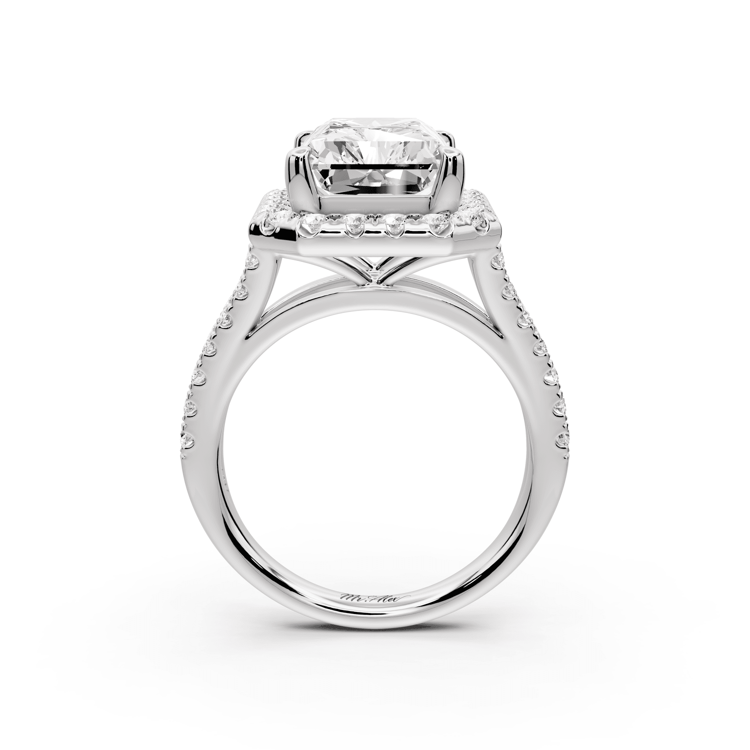 Gabrielle - 5ct platinum radiant Diamond Graduated Halo Pavé Split Shank Engagement Ring - Mr. Alex Jewelry