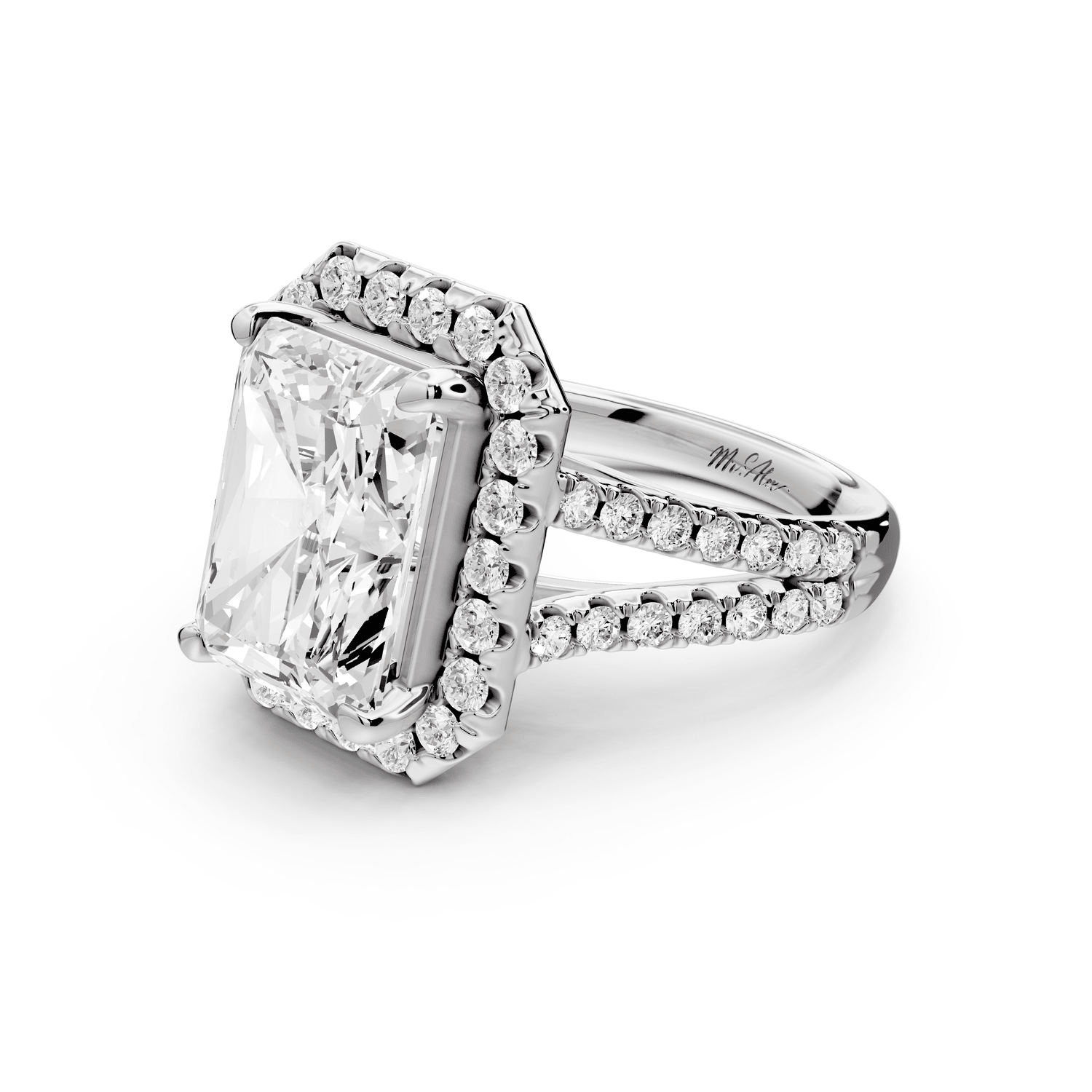 Gabrielle - 5ct platinum radiant Diamond Graduated Halo Pavé Split Shank Engagement Ring - Mr. Alex Jewelry