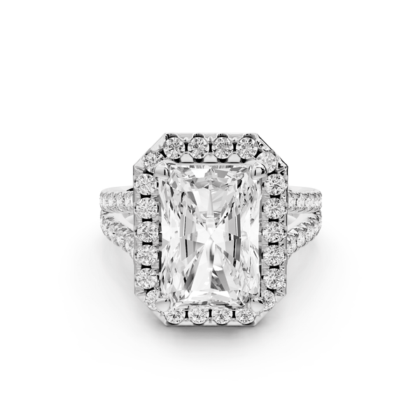 Gabrielle - 5ct platinum radiant Diamond Graduated Halo Pavé Split Shank Engagement Ring - Mr. Alex Jewelry