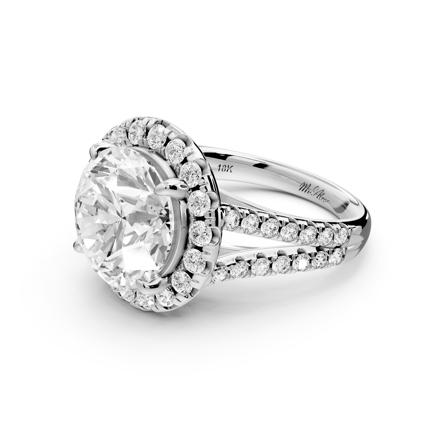 Gabrielle - 5ct platinum round Diamond Graduated Halo Pavé Split Shank Engagement Ring - Mr. Alex Jewelry