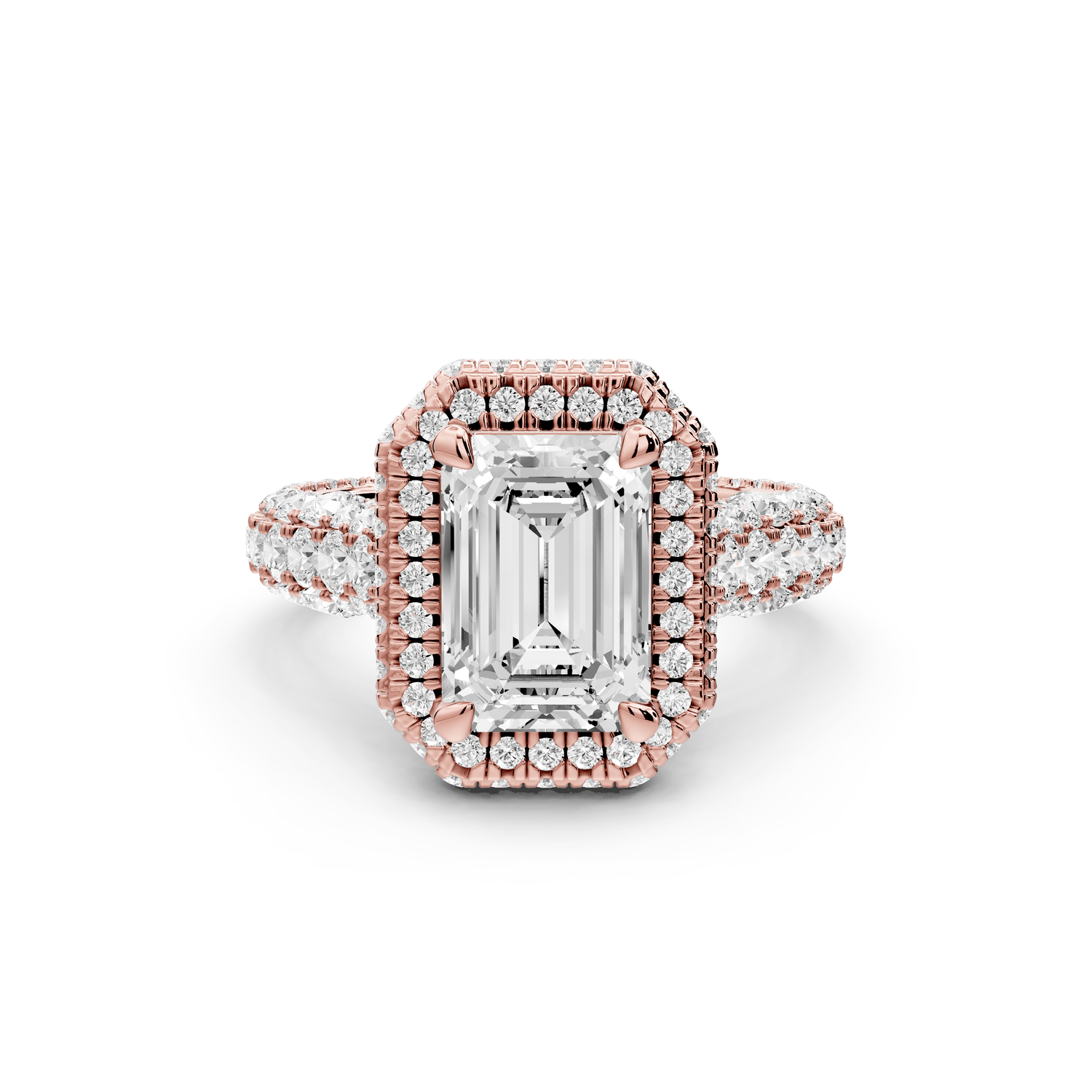 Helena - 2ct 14k rose gold Emerald Double Halo Engagement Ring with Split-Shank Pavé Band - Mr. Alex Jewelry
