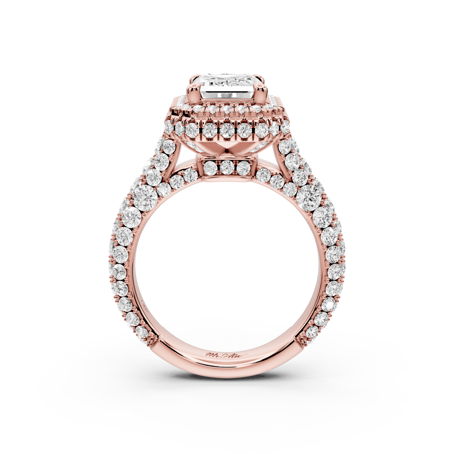 Helena - 2ct 18k rose gold Emerald Double Halo Engagement Ring with Split-Shank Pavé Band - Mr. Alex Jewelry