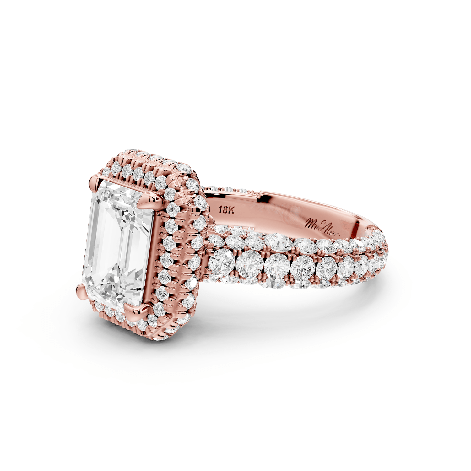 Helena - 2ct 18k rose gold Emerald Double Halo Engagement Ring with Split-Shank Pavé Band - Mr. Alex Jewelry