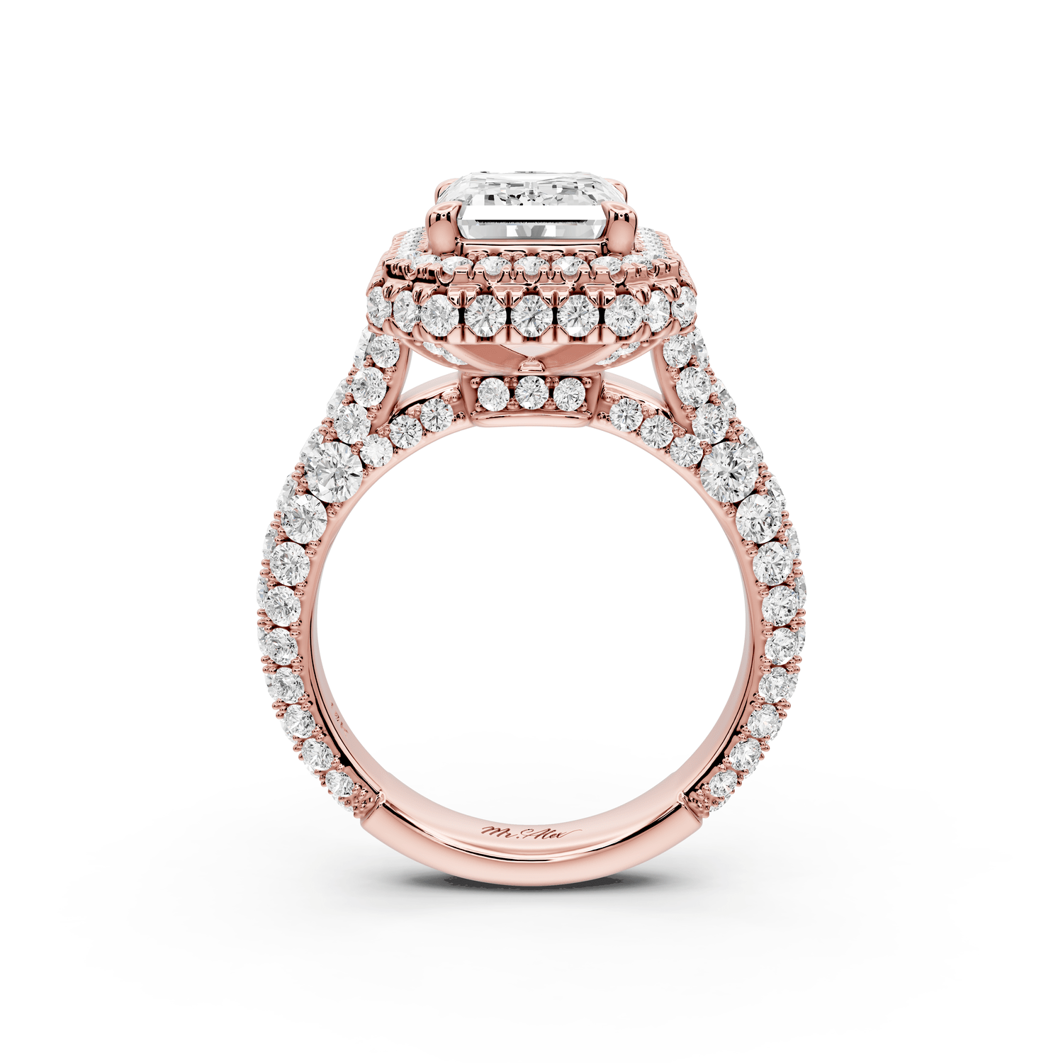 Helena - 3ct 14k rose gold Emerald Double Halo Engagement Ring with Split-Shank Pavé Band - Mr. Alex Jewelry