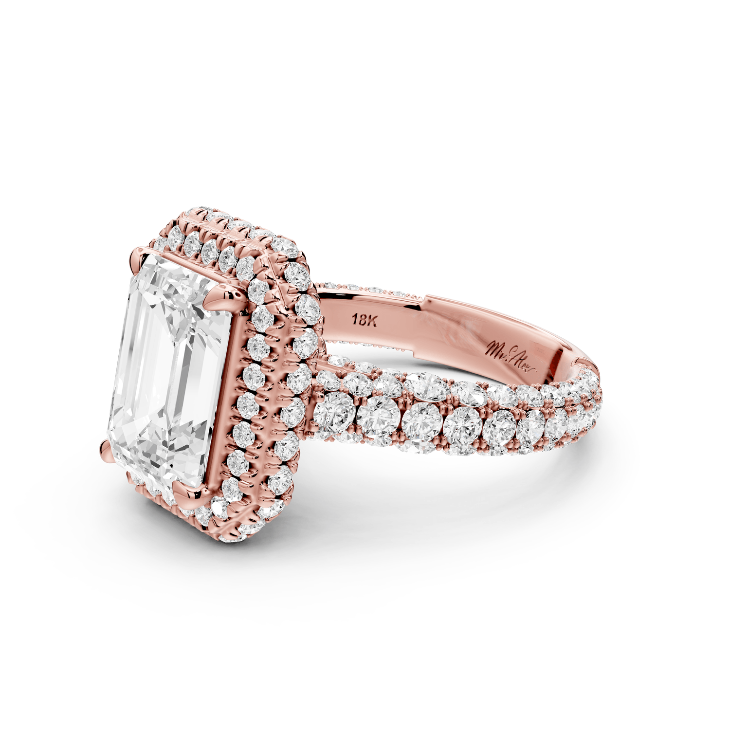 Helena - 3ct 14k rose gold Emerald Double Halo Engagement Ring with Split-Shank Pavé Band - Mr. Alex Jewelry