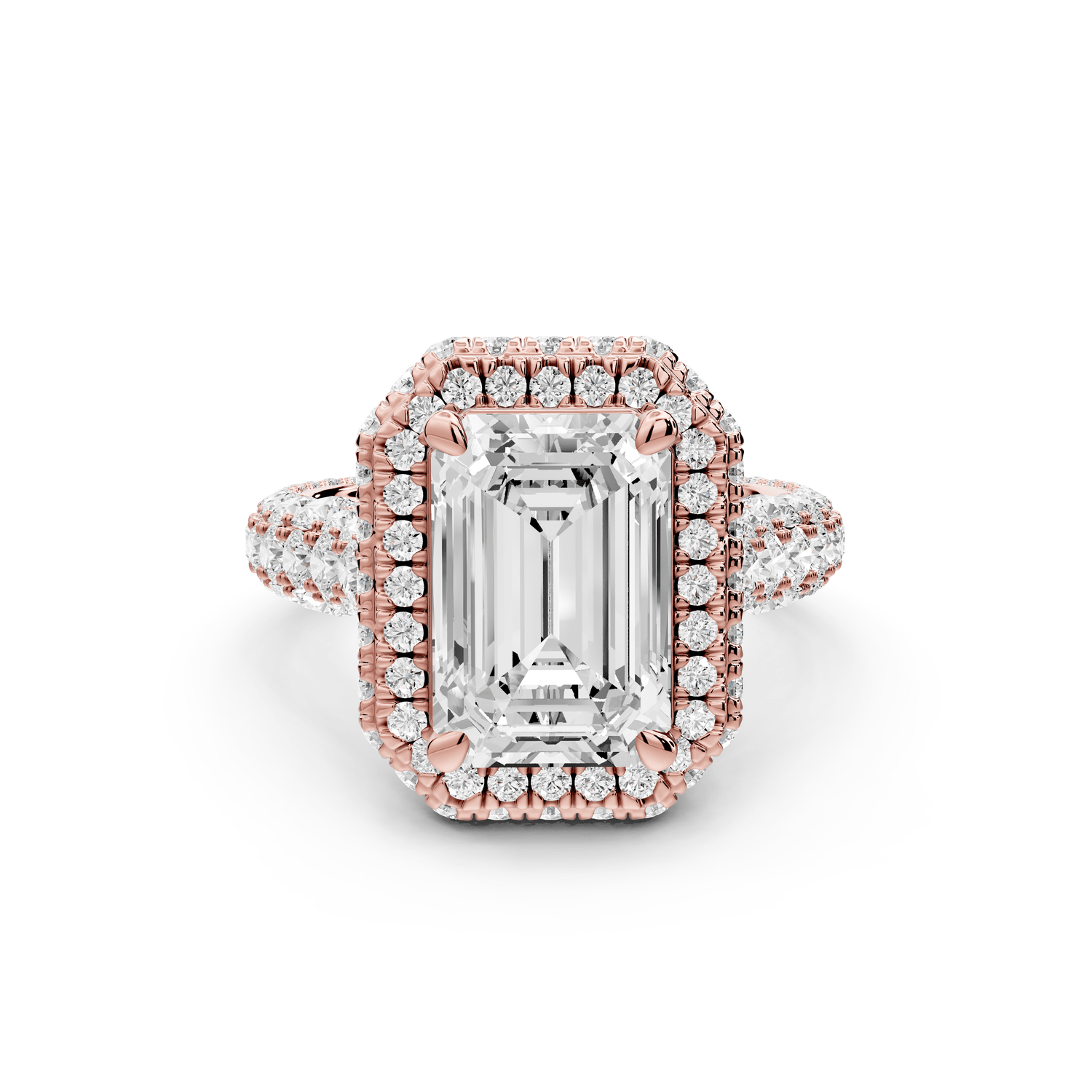 Helena - 3ct 14k rose gold Emerald Double Halo Engagement Ring with Split-Shank Pavé Band - Mr. Alex Jewelry