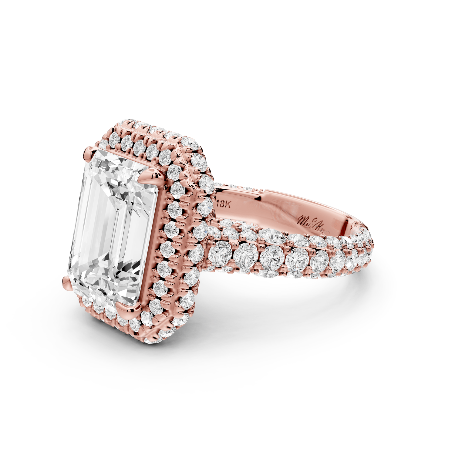 Helena - 4ct 14k rose gold Emerald Double Halo Engagement Ring with Split-Shank Pavé Band - Mr. Alex Jewelry