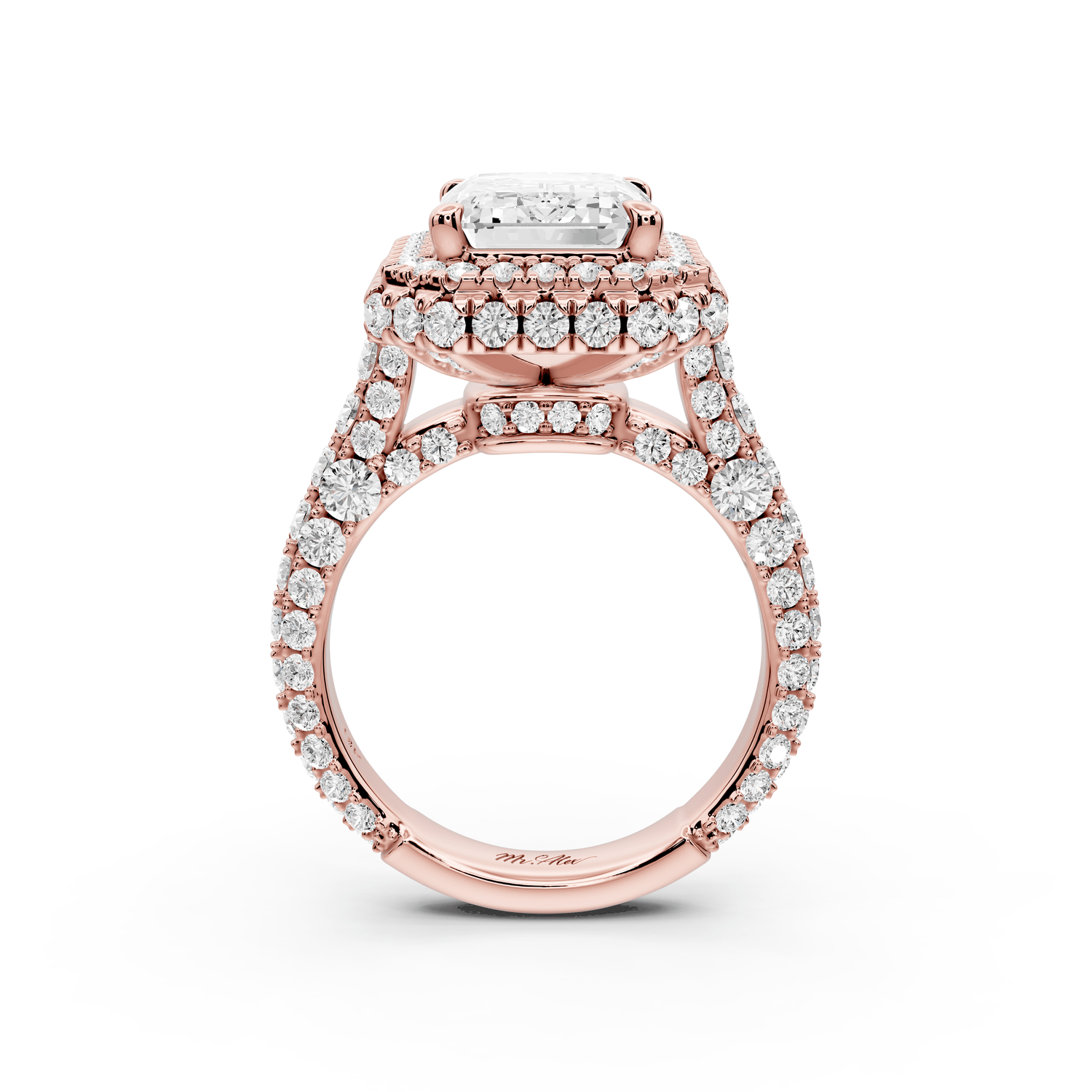 Helena - 4ct 14k rose gold Emerald Double Halo Engagement Ring with Split-Shank Pavé Band - Mr. Alex Jewelry