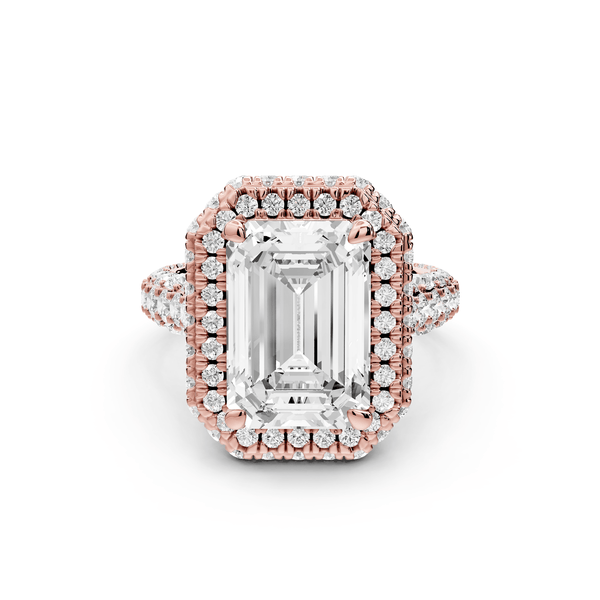 Helena - 4ct 14k rose gold Emerald Double Halo Engagement Ring with Split-Shank Pavé Band - Mr. Alex Jewelry