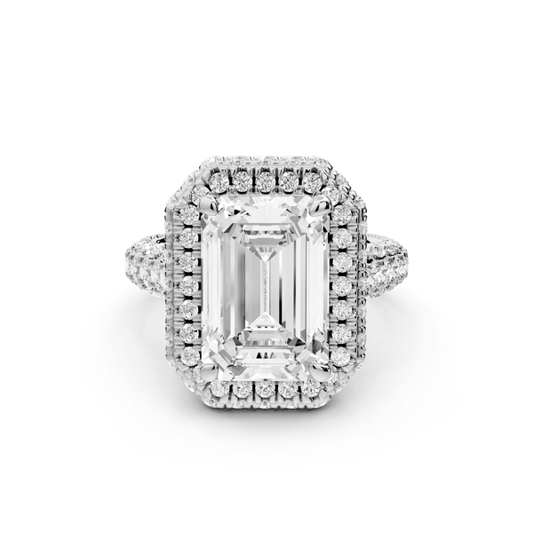 Helena - 4ct 14k white gold Emerald Double Halo Engagement Ring with Split-Shank Pavé Band - Mr. Alex Jewelry
