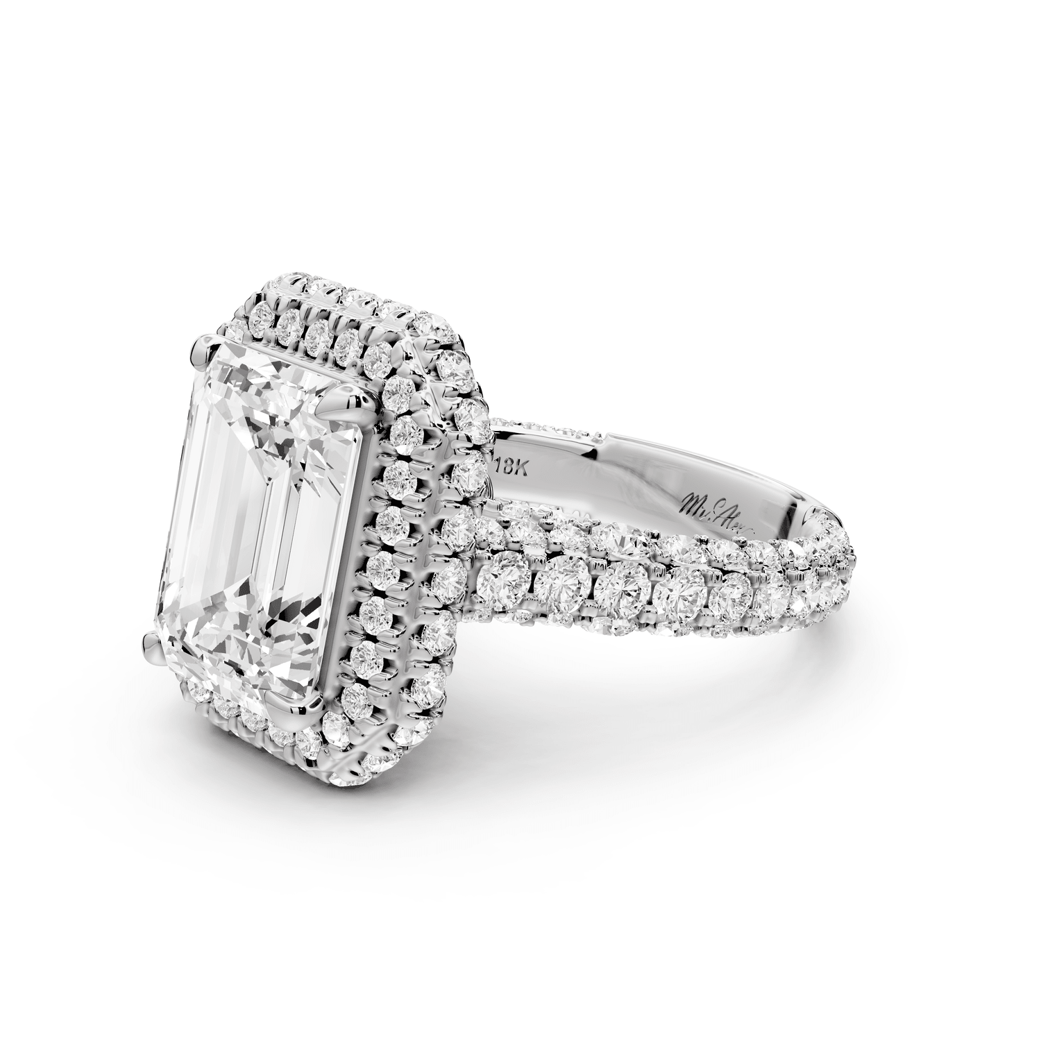 Helena - 4ct 14k white gold Emerald Double Halo Engagement Ring with Split-Shank Pavé Band - Mr. Alex Jewelry