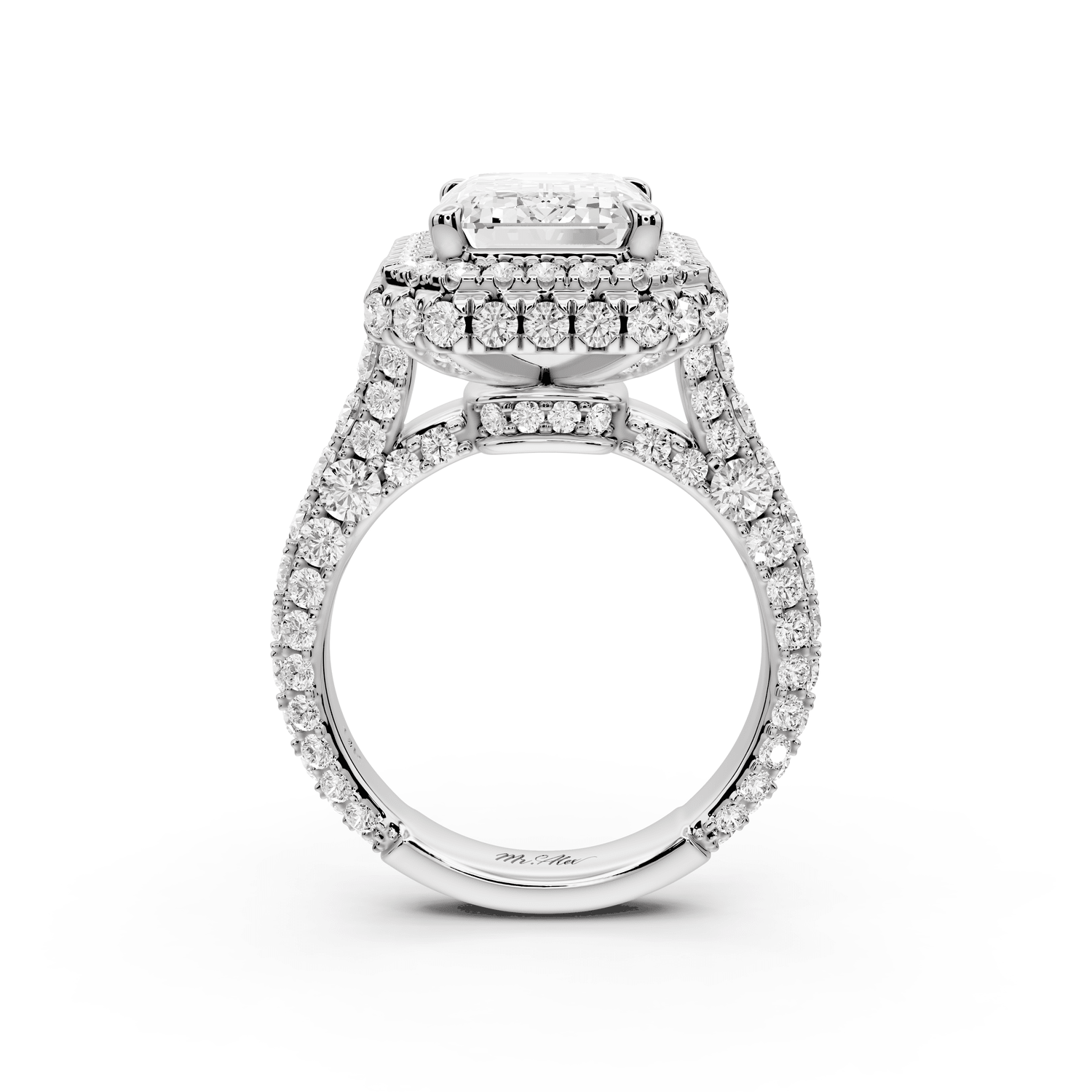 Helena - 4ct 14k white gold Emerald Double Halo Engagement Ring with Split-Shank Pavé Band - Mr. Alex Jewelry