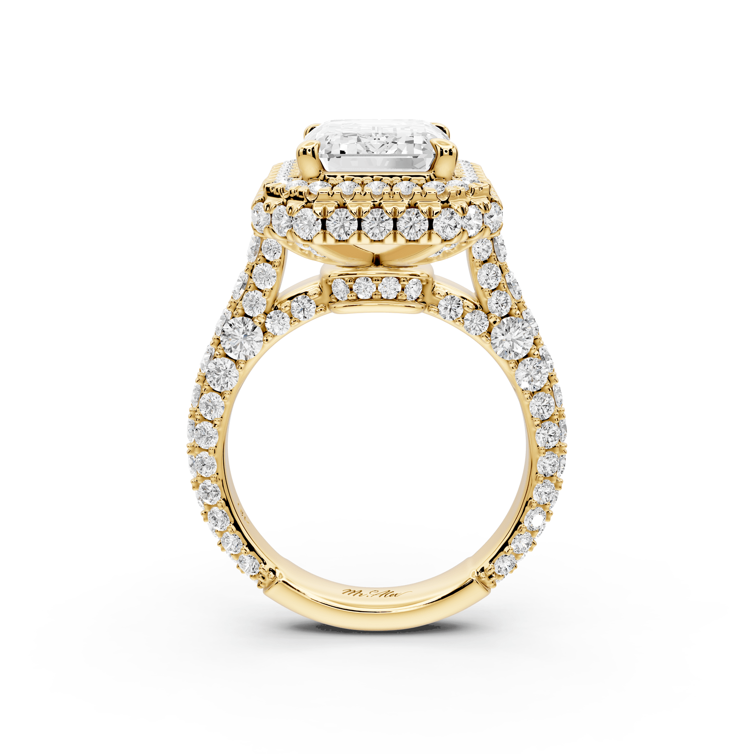Helena - 4ct 14k yellow gold Emerald Double Halo Engagement Ring with Split-Shank Pavé Band - Mr. Alex Jewelry