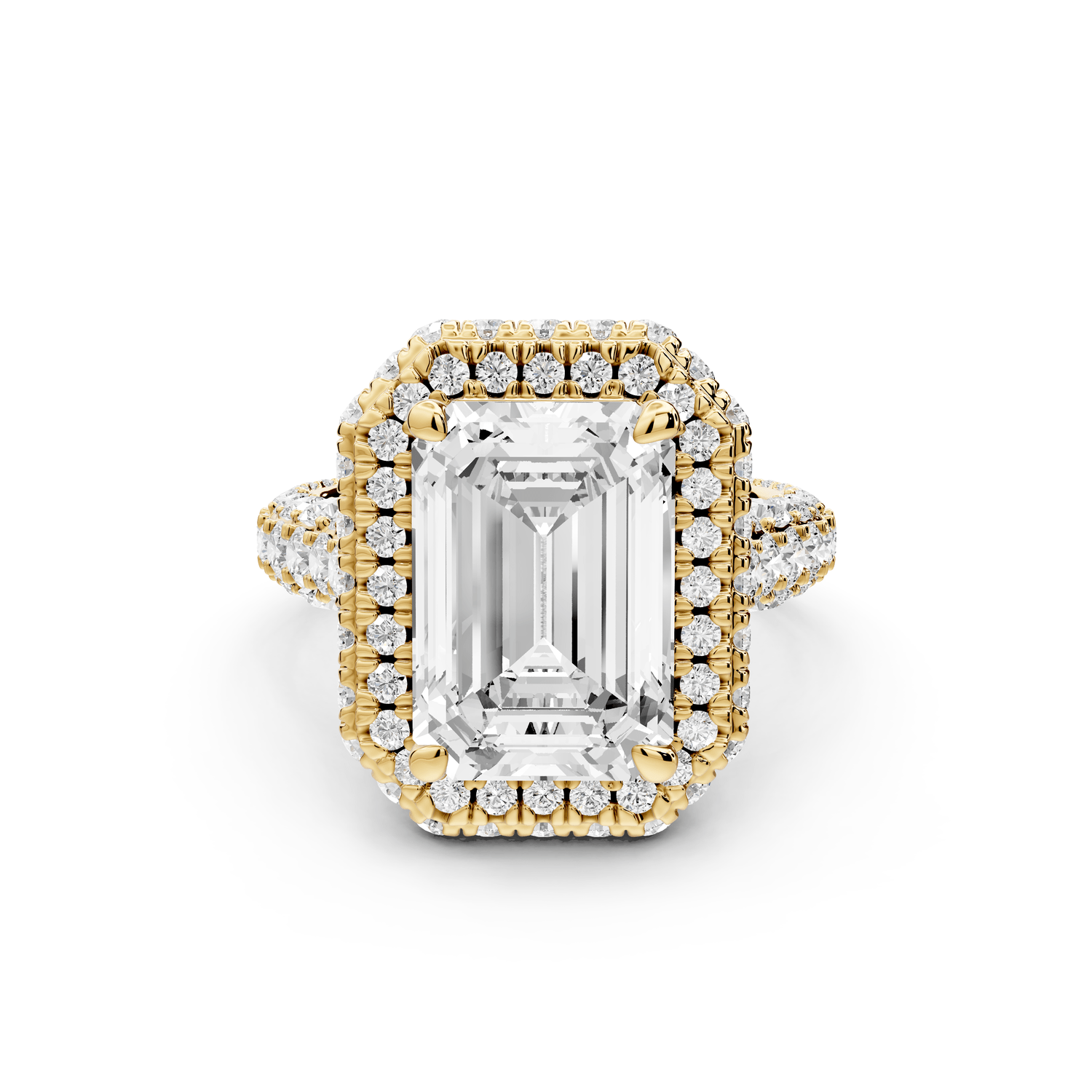 Helena - 4ct 14k yellow gold Emerald Double Halo Engagement Ring with Split-Shank Pavé Band - Mr. Alex Jewelry