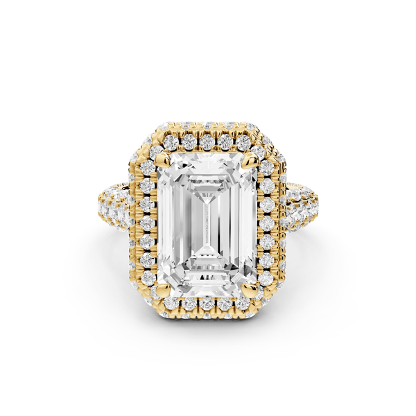 Helena - 4ct 14k yellow gold Emerald Double Halo Engagement Ring with Split-Shank Pavé Band - Mr. Alex Jewelry