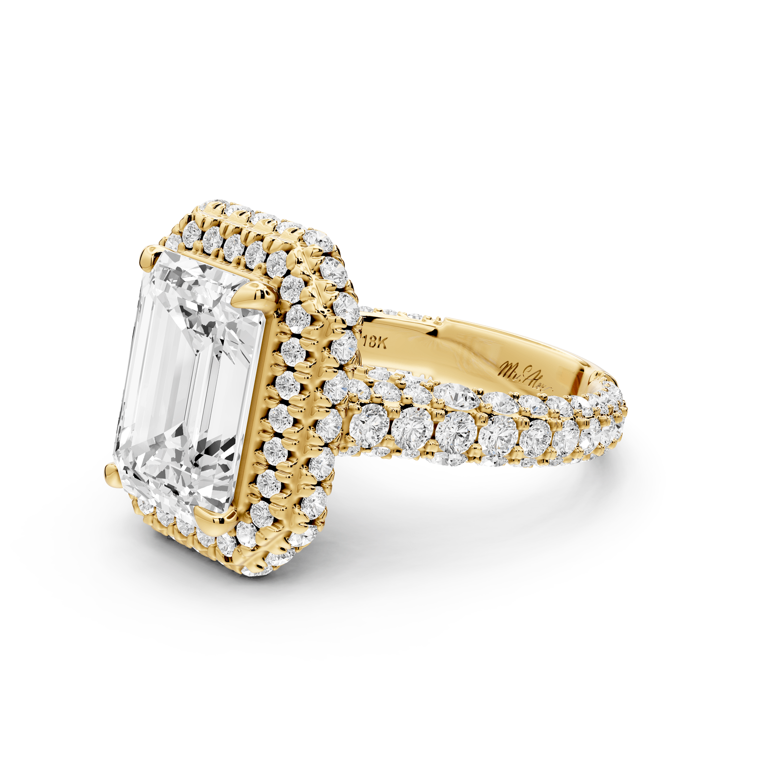 Helena - 4ct 14k yellow gold Emerald Double Halo Engagement Ring with Split-Shank Pavé Band - Mr. Alex Jewelry