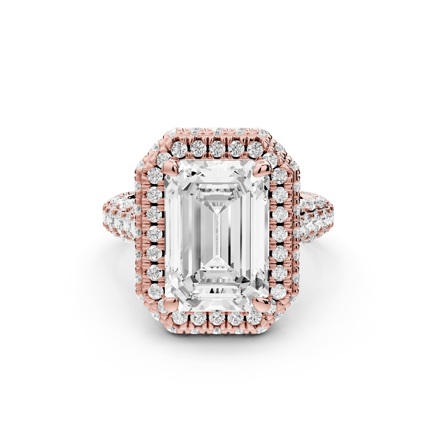 Helena - 4ct 18k rose gold Emerald Double Halo Engagement Ring with Split-Shank Pavé Band - Mr. Alex Jewelry