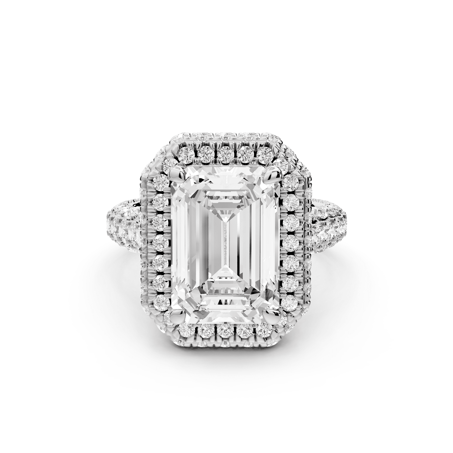 Helena - 4ct 18k white gold Emerald Double Halo Engagement Ring with Split-Shank Pavé Band - Mr. Alex Jewelry