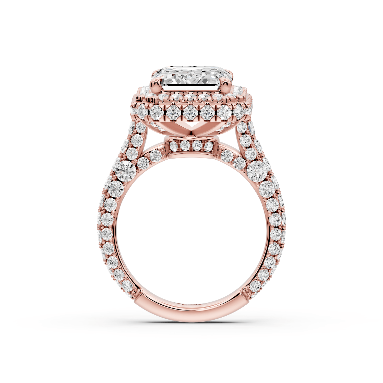 Helena - 5ct 14k rose gold Emerald Double Halo Engagement Ring with Split-Shank Pavé Band - Mr. Alex Jewelry