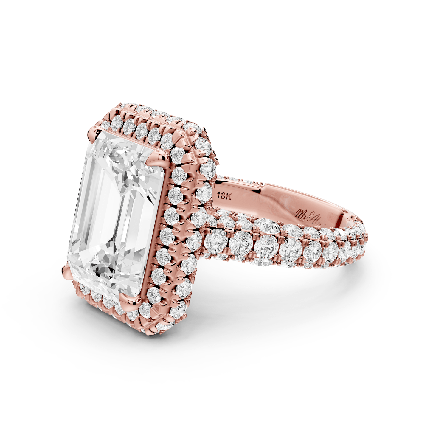 Helena - 5ct 14k rose gold Emerald Double Halo Engagement Ring with Split-Shank Pavé Band - Mr. Alex Jewelry