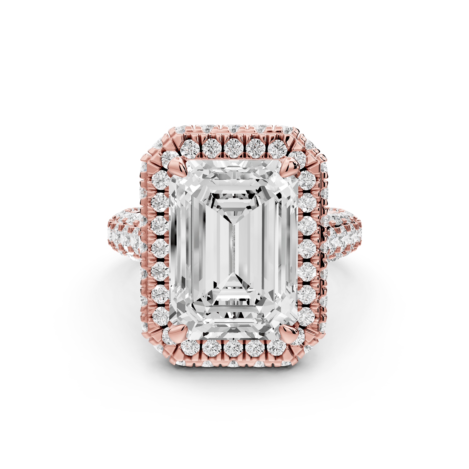 Helena - 5ct 14k rose gold Emerald Double Halo Engagement Ring with Split-Shank Pavé Band - Mr. Alex Jewelry