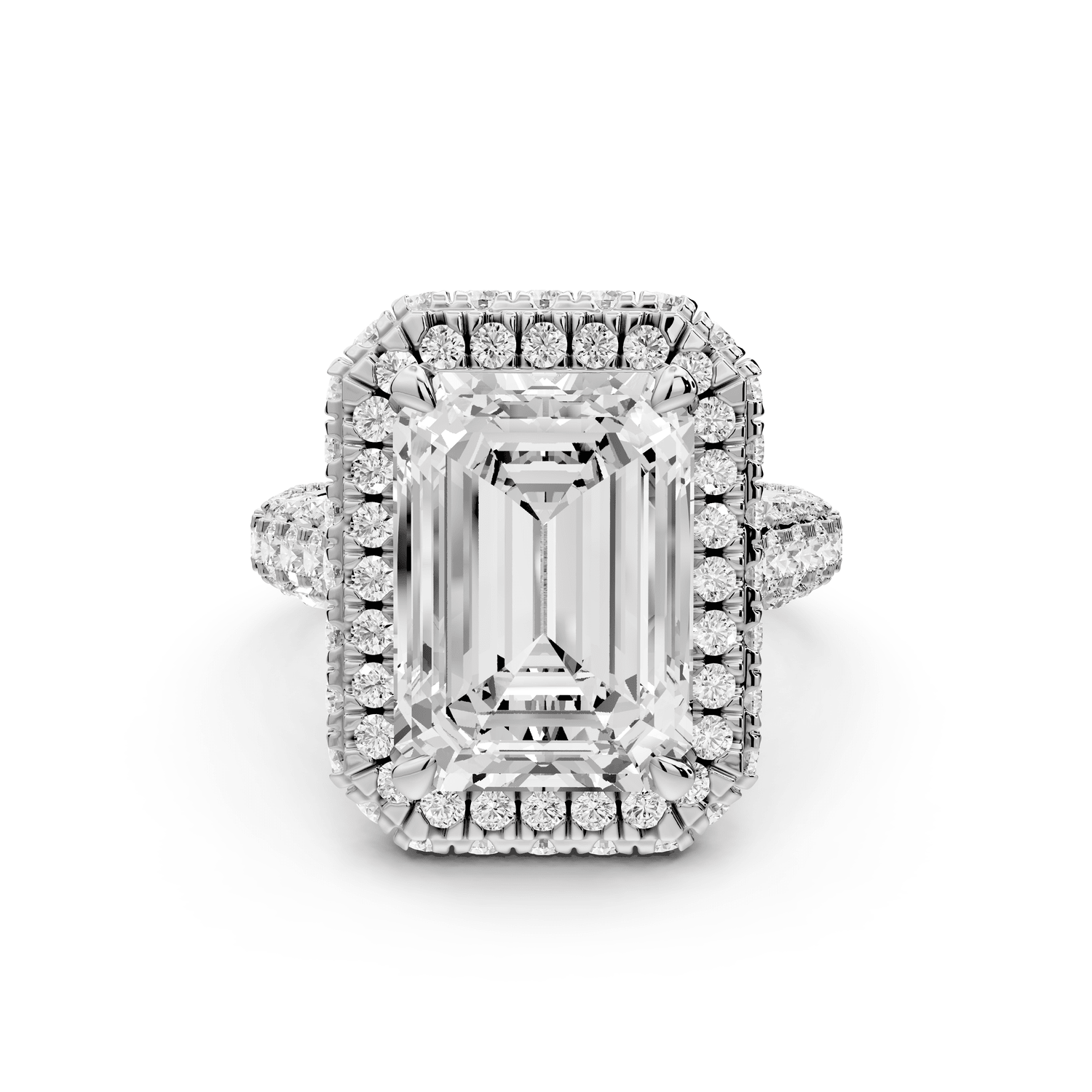 Helena - 5ct 14k white gold Emerald Double Halo Engagement Ring with Split-Shank Pavé Band - Mr. Alex Jewelry